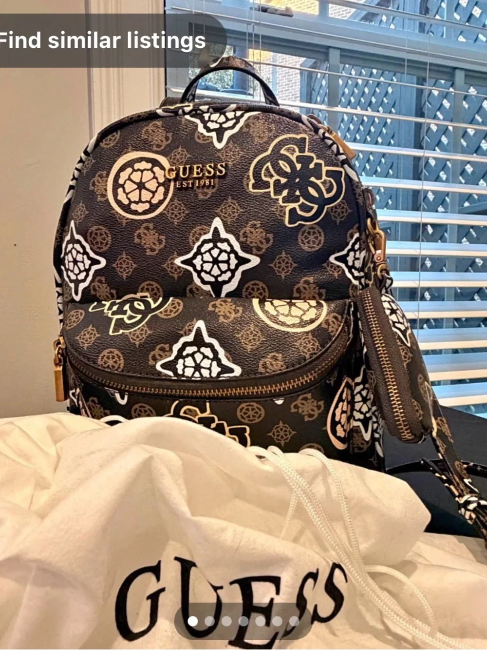 GUESS House Party Black Logo-Print Backpack with Cream Accents